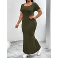 thumbnail image 5 of AURA Plus Size U Neck Backless Bodycon Maxi Dress Short Sleeve High Waist Solid Army Green 1XL 3XL, 5 of 7