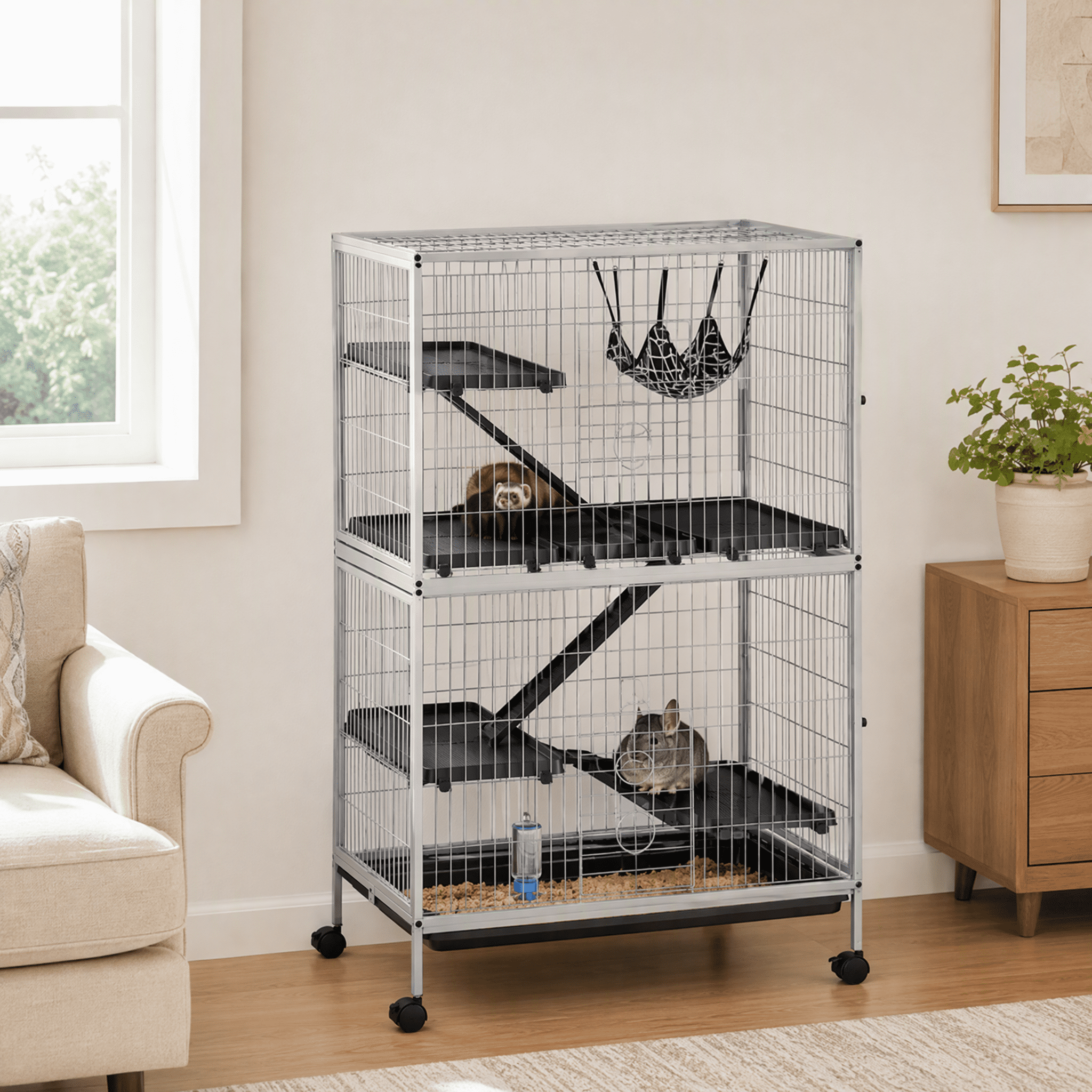 50 Inch Tall Rolling Ferret Chinchilla Cage, Small Animal Pet Habitat with Hammock, 4 Doors, Removable Tray