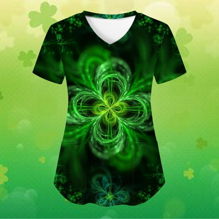 

St Patricks Day Scrub Tops for Women Summer Short Sleeve Nursing Uniform with Pocket V-Neck Green Gnomes Print Workwear
