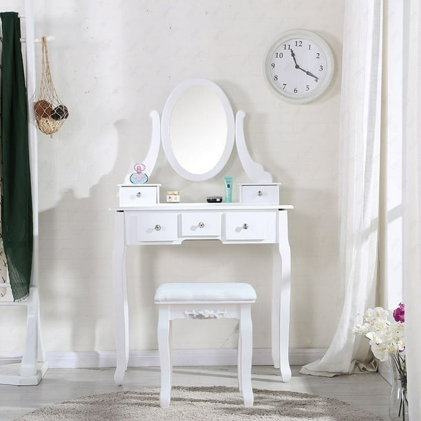 31 5 X 15 8 55 White Vanity Table Makeup Set With Cushioned Stool Dressing Drawer 360 Degree Rotation Removable Mirror Dresser Sets For Teen Girls Bedroom S13215 Com Cushioned Stool Dressing Table, Rotation Removable Mirror Dressing Vanity Table Makeup Desk With Stool White