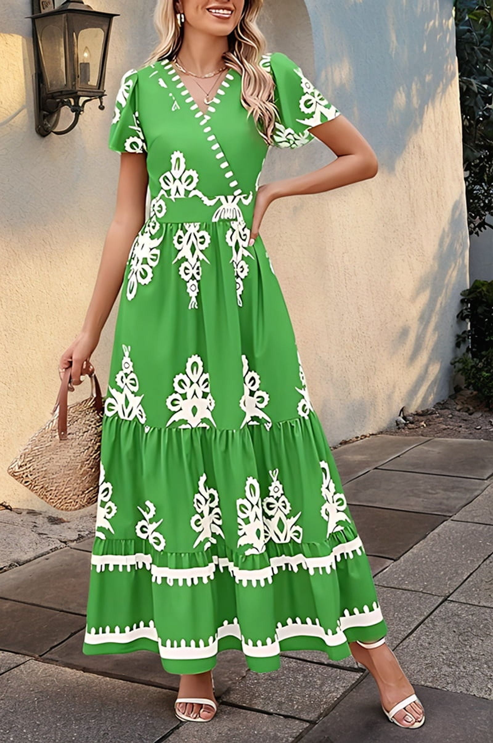 Womens 2025 Summer Casual V Neck Boho Maxi Dress Flowy Aline Bell Sleeve Tiered Floral Dresses with Pocket Green XXL