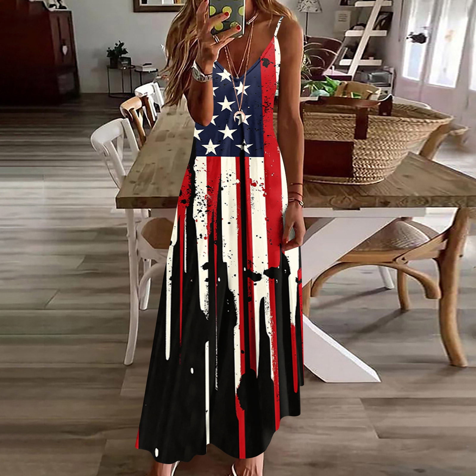 Frostluinai Women American Flag Dress V Neck Spaghetti Strap Maxi