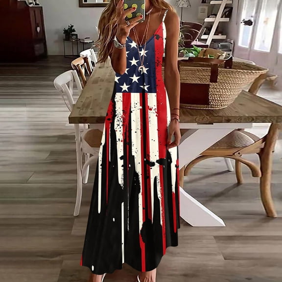 Vetsdori Summer Maxi Dress for Women's Red White and Blue American Flag Slip Dress 4th of July Party Ankle Length,V-Neck Backless Womens Dress Holiday