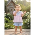 thumbnail image 6 of BemeyourBBs Toddler Baby Baby Girl Summer Clothes Infant Baby Girl 2 Pieces Outfit Bow Embroidered Striped Ruffled Trim Doll Collar Short Sleeve Shirt Tops and Shorts Set, 6 of 9