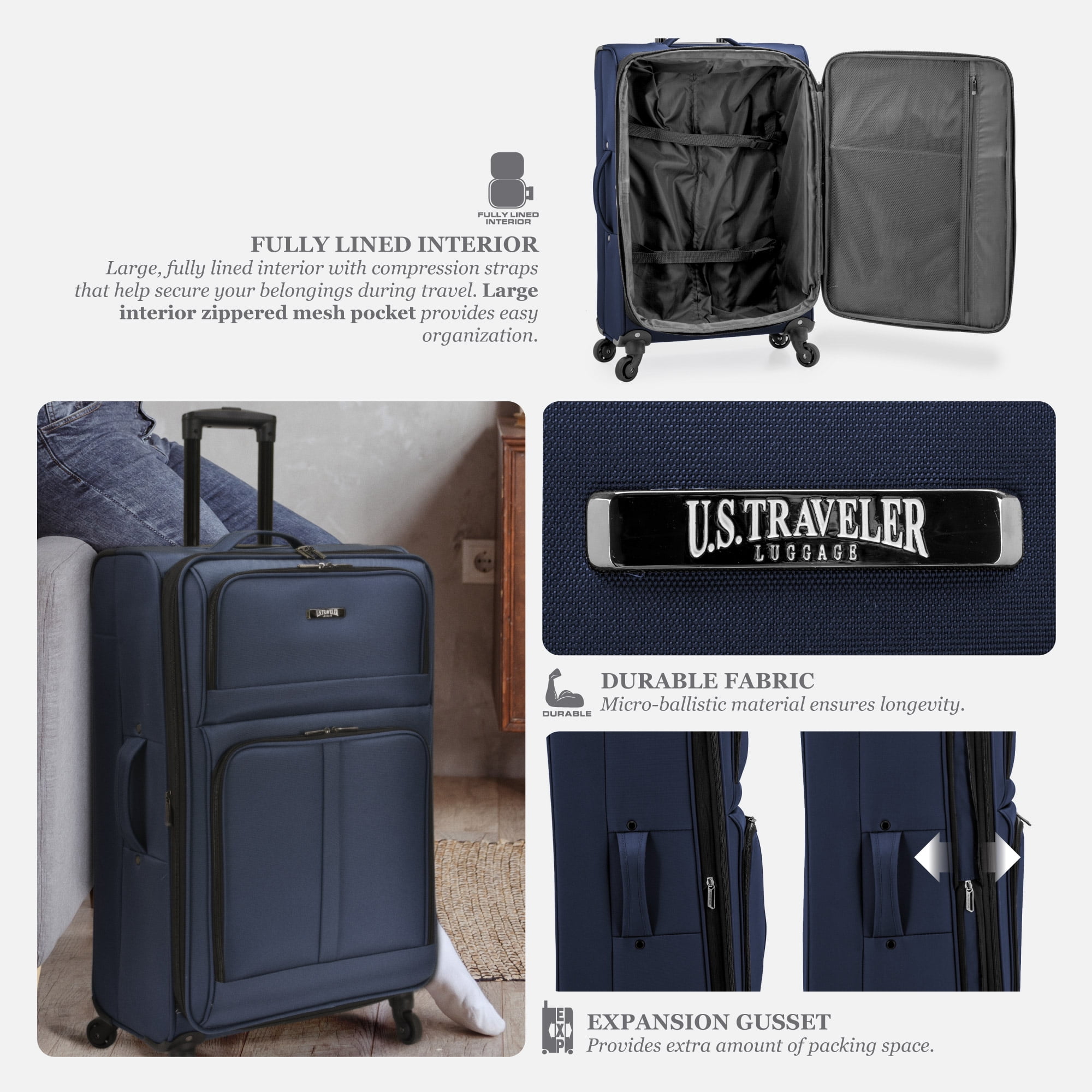 U.S. Traveler Anzio Softside Expandable Spinner Luggage, Navy, 30" Checked Large