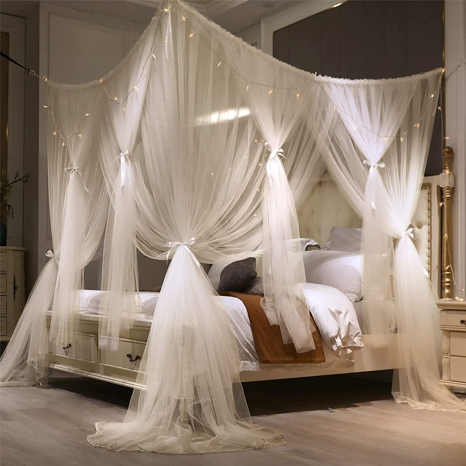 4 Corners Post Princess Bed Canopy Curtain Double Layer Cozy Drape Netting 4 Opening Mosquito Net for Girls & Adults Bedroom Decoration Accessories (Double White, 47" W*78" L*82"*H/Twin)