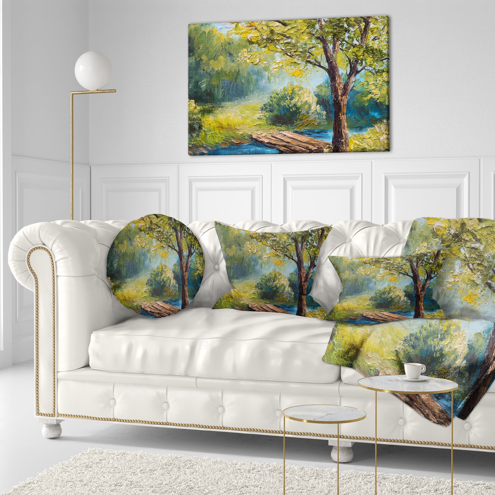Designart Summer Forest with Beautiful River - Landscape Printed Throw Pillow - 12x20