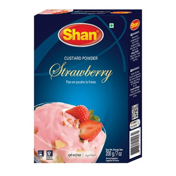 Shan - Custard Powder Strawberry 7 oz (200g) - Flan en Poudre la Fraise - Essential Dessert for any Occasion - Suitable for Vegetarians - Airtight Bag in a Box
