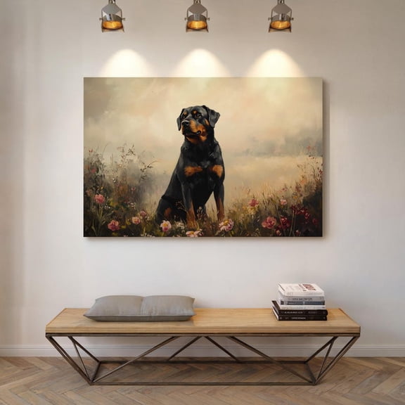 Velto Rottweiler Meadow Canvas, Rustic Dog Wall Art, Pet Lover Decor for Living Room or Office, SIZE 8x10 INCLUDE Pine Wood Frame 1.25-Inch