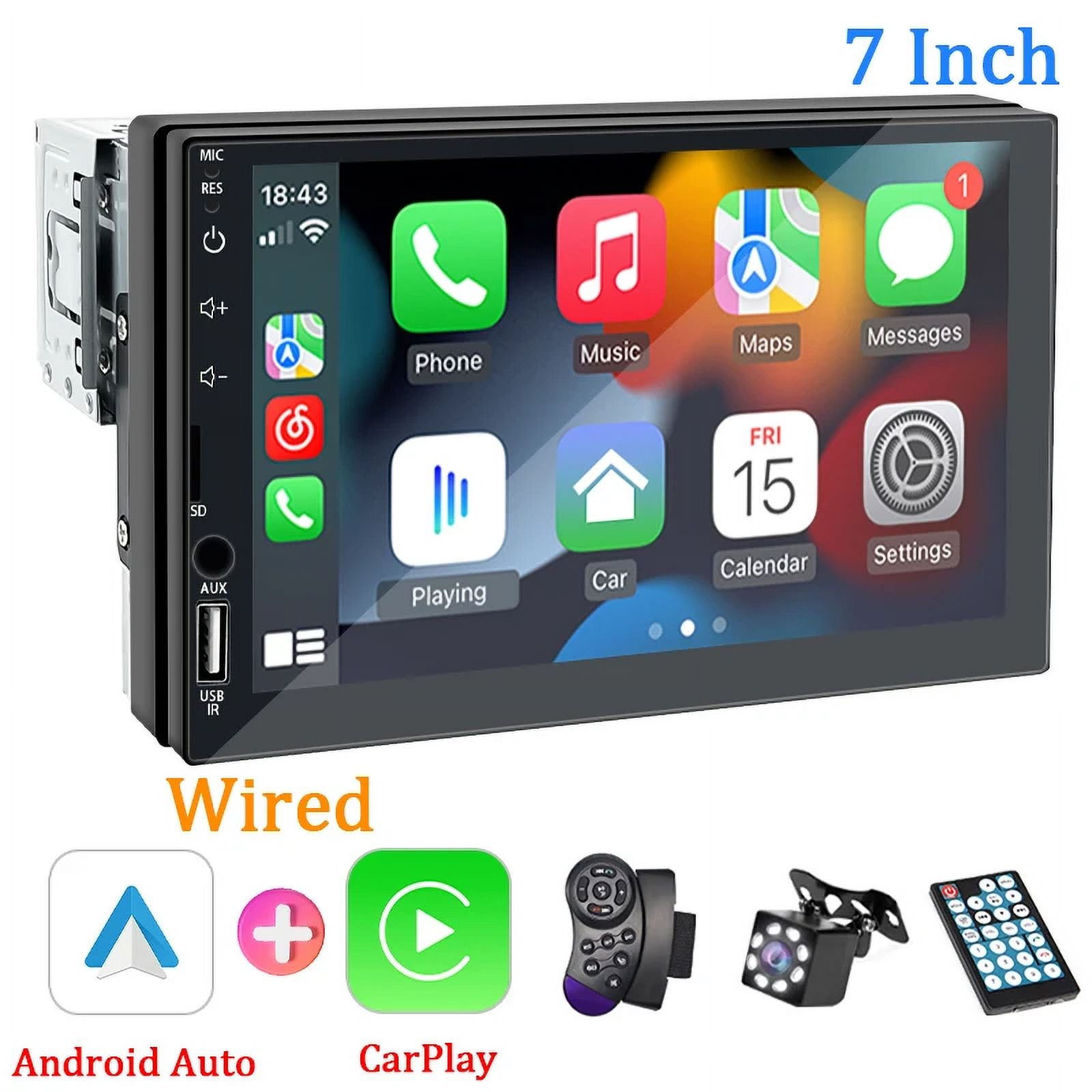 Hikity Autoradio 1 Din Met 7 Inch Touchscreen - Draadloos CarPlay & Android Auto, Bluetooth, FM, USB En Achteruitrijcamera