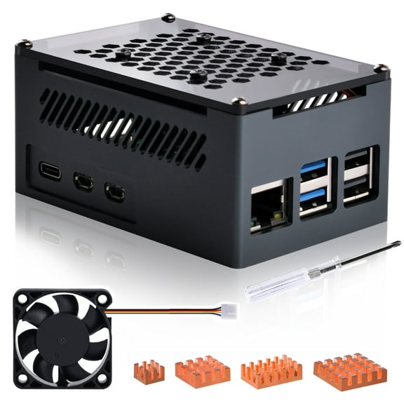 52Pi Aluminum Case for Raspberry Pi 5, with 4010 PWM Fan and Copper Heatsinks for Raspberry Pi 5, X1000/X1001/X1003/N04/N05 PCIe Peripheral Board