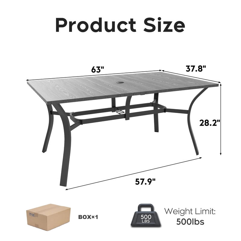 Howcool Outdoor Rectangular Dining Table w/ Imitation Wooden Tabletop, Iron Patio Table w/ Umbrella Hole