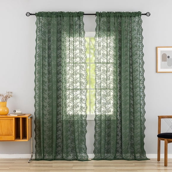 YJ YANJUN Dark Green 102 inch Long Curtains Custom Lace Olive Green Boho Curtain Panels 2 Panel Rod Pocket Retro Floral Crochet Floor to Ceiling Curtains for Living Room 52Wx102L