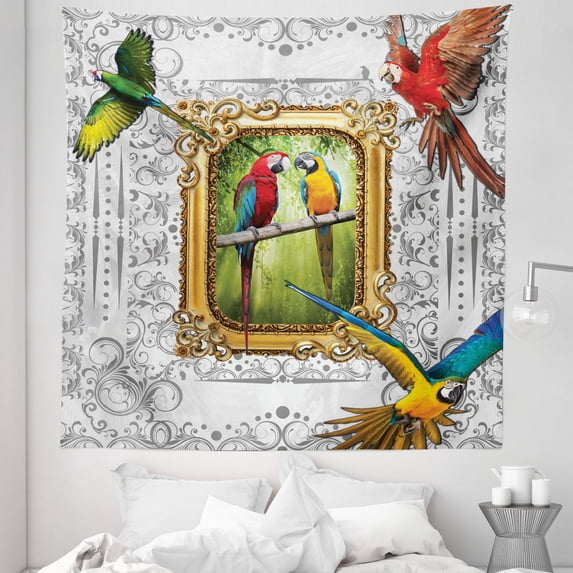 Parrot Tapestry, Exotic Colorful Birds on Branch and Flies Photo in Classic Antique Ornamental Frame, Fabric Wall Hanging Decor for Bedroom Living Room Dorm, 5 Sizes, Multicolor, by Ambesonne