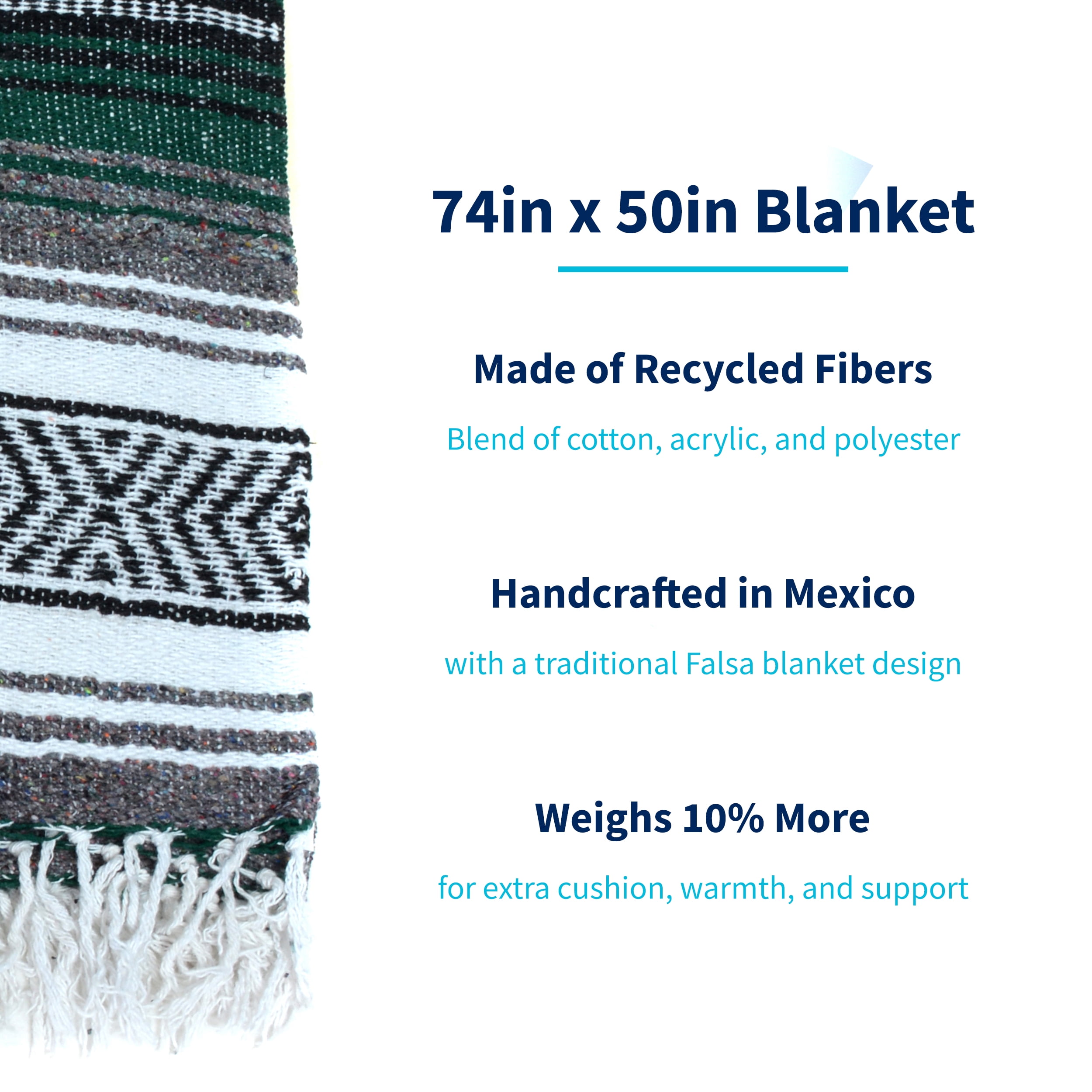 La Montana 4 Pack Mexican Blankets, 74" x 50" Yoga Blankets, Forest Green/Charcoal/White