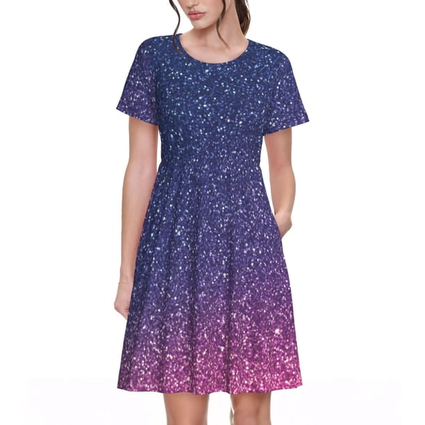Balery Violet Glitter Vestidos sueltos de manga corta para mujer, vestidos de verano 2025, vestidos casuales de corte A con vuelo.