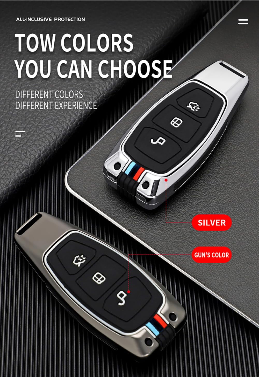 3-button Key Fob Case Fit for Ford Focus ST Car Key Cover Double Protection Metal Key Shell and Silicone Key Skin Keyless Entry Smart Remote Fit for C-Max Fiesta