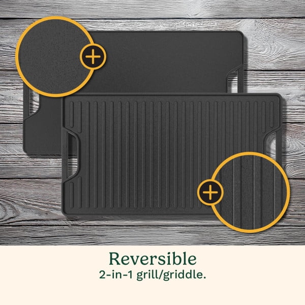 Cuisinart 2-in-1 Reversible Cast Iron Grill/Griddle Plate, Cooking for Campfire, Oven, Stovetop, Grill, 17.5” x 9.75” Dual-Sided Plate for Searing and Frying