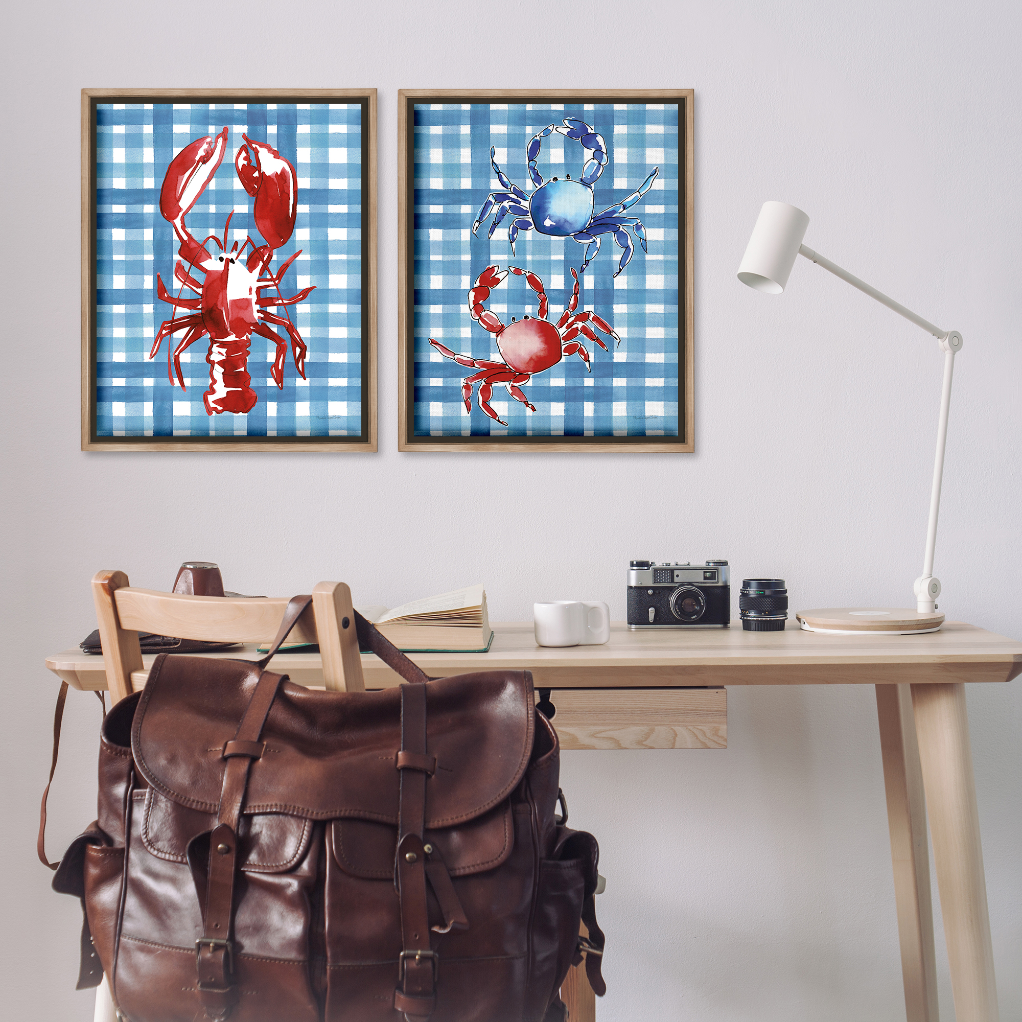Stupell Industries Coastal Cuisines on Plaid Animals Painting Brown Floater Framed Canvas Art Print Wall Art, 31 x 25, Set of 2