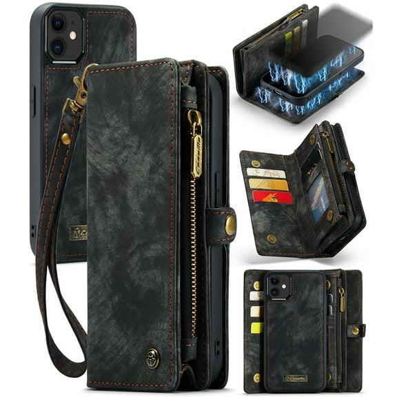 For iPhone 12, iPhone 12 Pro Wallet Case,Multi-Functional Retro Leather Purse Flip Cover Zipper Wallet Case with Removable Card Slots Pocket & Detachable Wrist Strap Magnetic Phone Case, Black