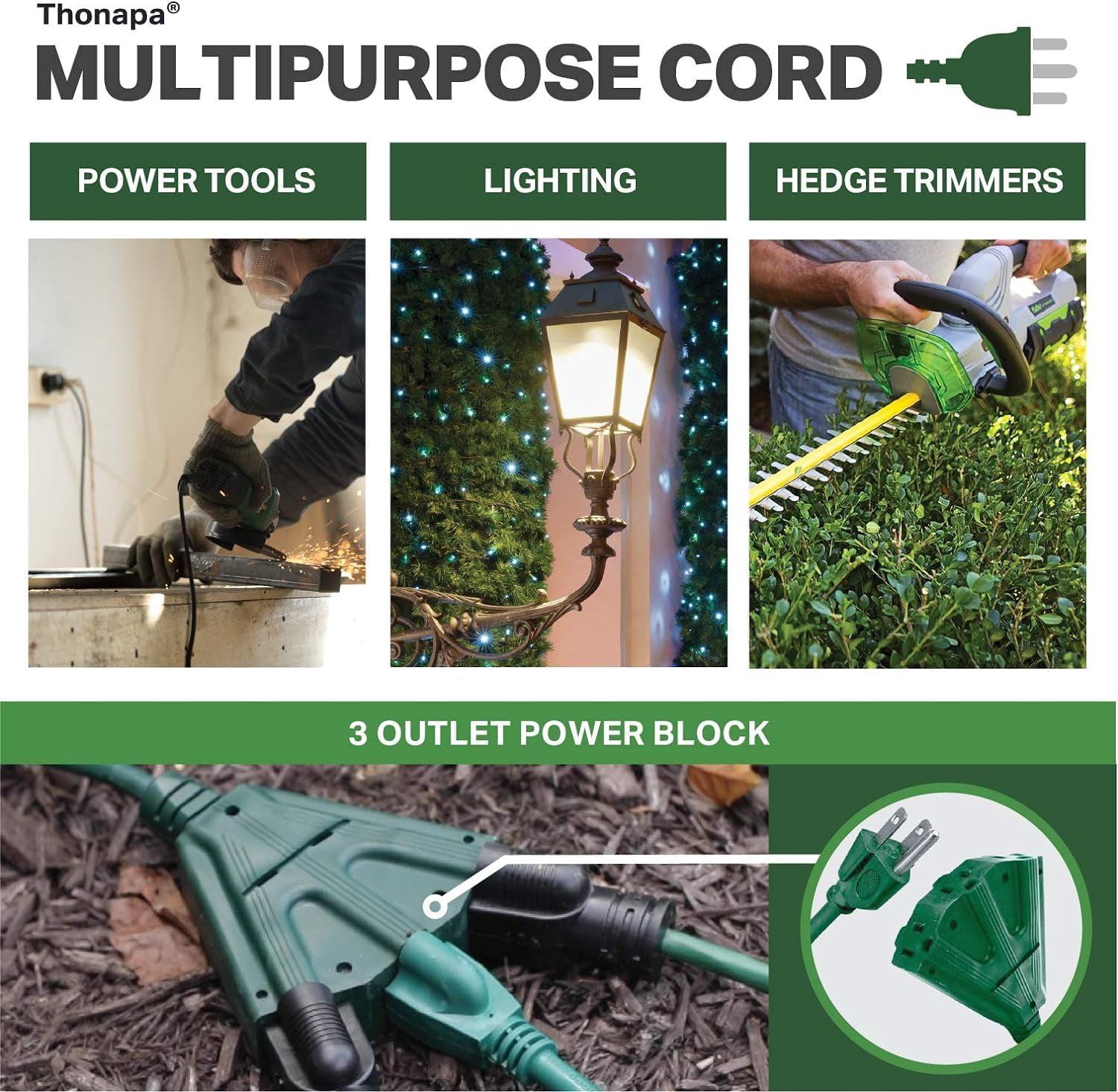 Thonapa Weatherproof Green Extension Cord 25 ft 3 Outlets, 16/3 SJTW Outdoor Extension Cord with Multiple Outlets 25 Foot, 13 AMP Exterior Electric Cable 3 Way Plug for for Outdoor Lights Landscaping