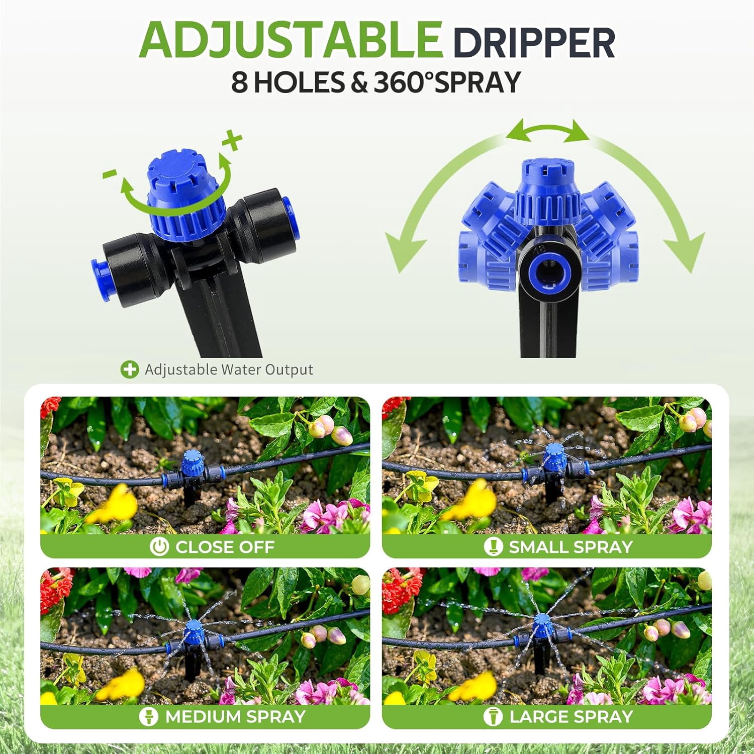 50FT Garden Drip Irrigation Kit, Automatic Watering System with 5-Way Connector, Quick Connectors, Adjustable Drippers, Raised Bed, Patio