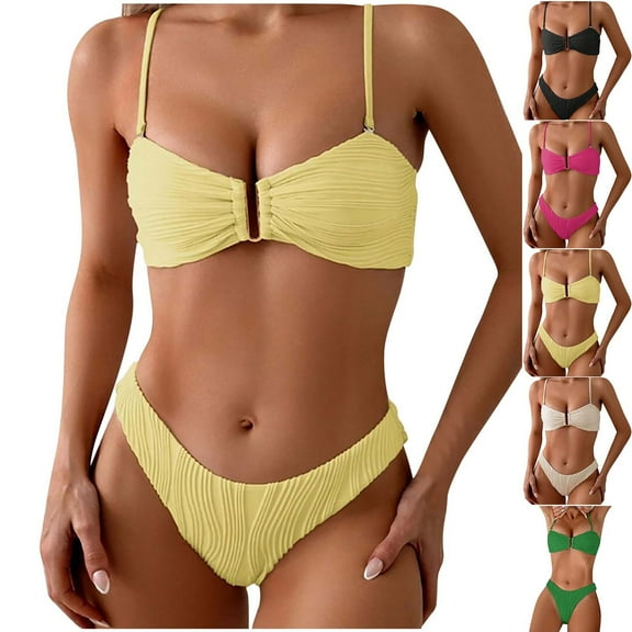 UTSJKR Women's Ribbed Bikini Sets U Wire Adjustable Spaghetti Straps Swimsuit Textured Ruched Two Piece Bathing Suit Black M