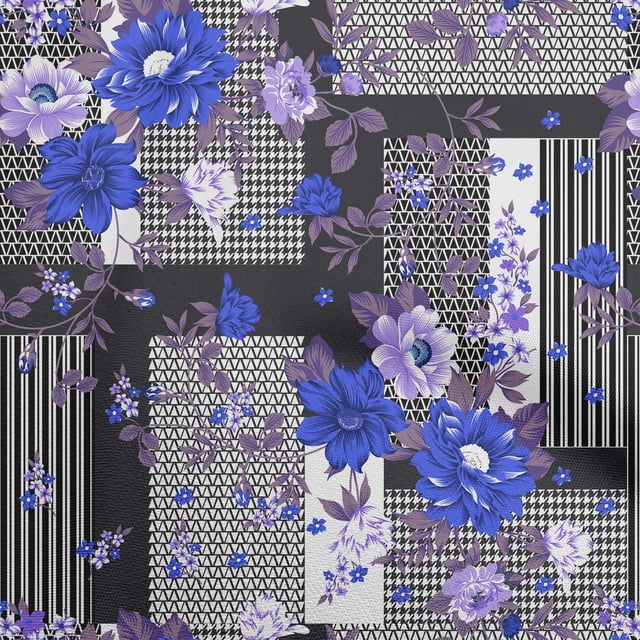 oneOone Rayon Blue Fabric Asian Floral With Geometrical Texture Craft Projects Decor Fabric Printed By The Yard 56 Inch Wide