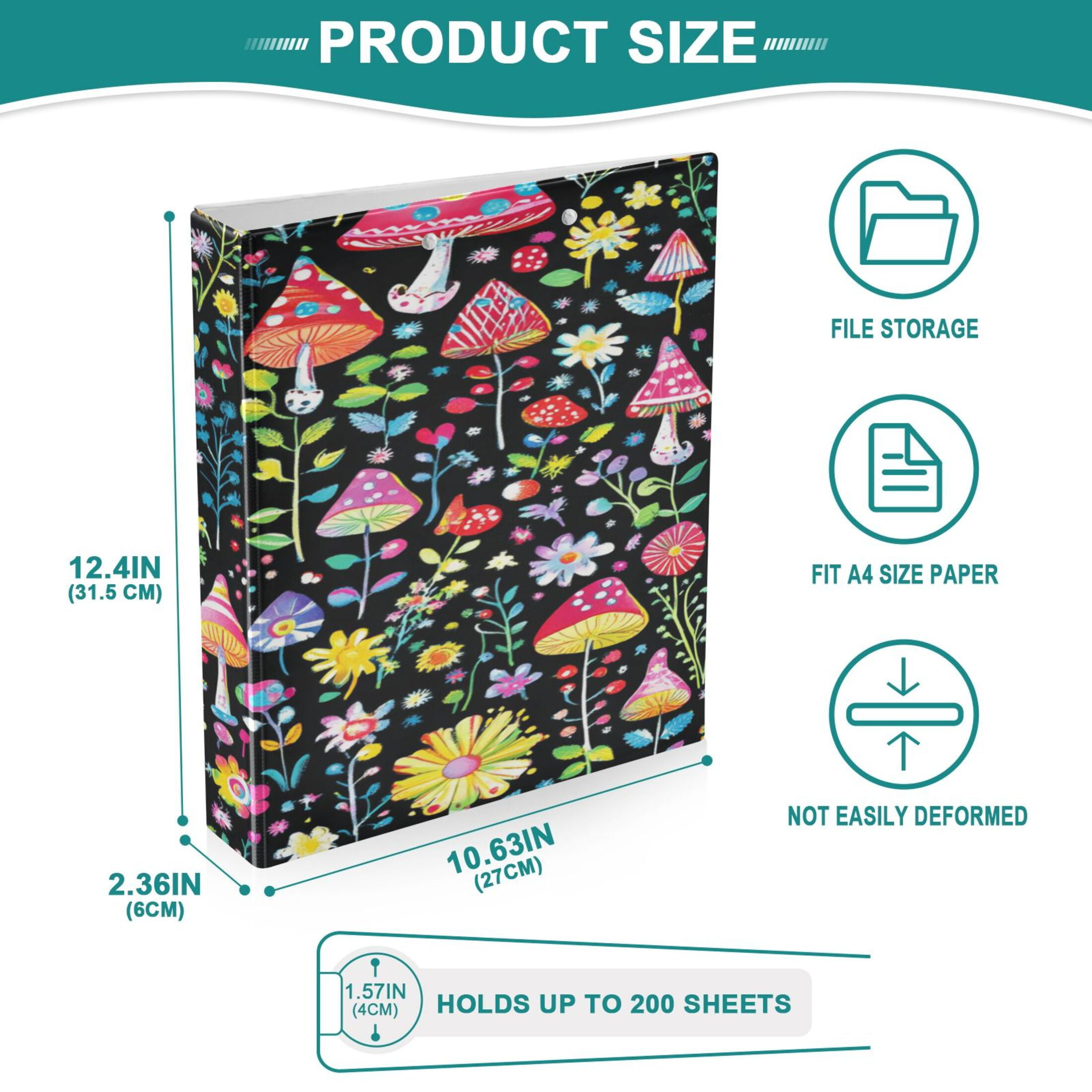Magic Mushroom 12.4x10.6in PVC Round Ring Binder, D-Ring 3-Hole, Metal Clip, 200 Sheets