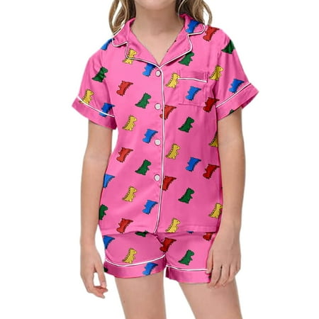 Toddler Girls Silk Pajamas Set Dinosaur Printed Button Down Tops With Shorts 2PCS Summer Classic Pajamas Set Girl Pajamas Size 4-5T