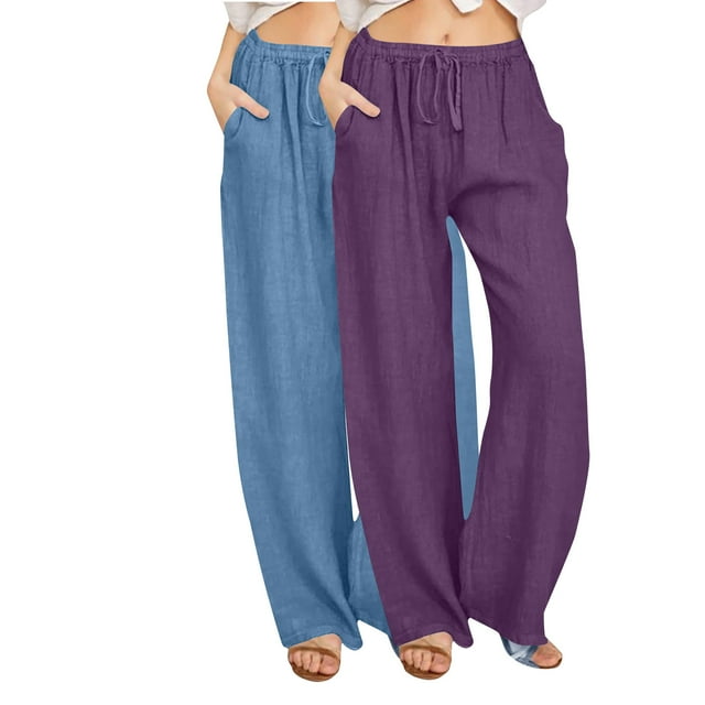 GigrtiJin 2 Pack Womens Lounge Long Pants Solid Color Drawstring Elastic Wasit Wide Leg Pants with Pocket Trendy Lounge Pants