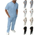 thumbnail image 1 of JDQJBZ Mens Summer Beach Outfits Solid Short Sleeve Shirt Elastic Waist Drawstring Shorts, 1 of 5