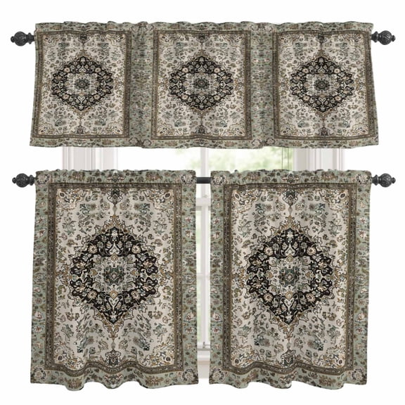 Retro Boho Kitchen Curtains Sets for Windows 24 Inch Length, Farmhouse Neutral Ethnic Florals Motifs Rod Pocket Window Treatments Tier Curtains and Valances Set for Bedroom/Bathroom