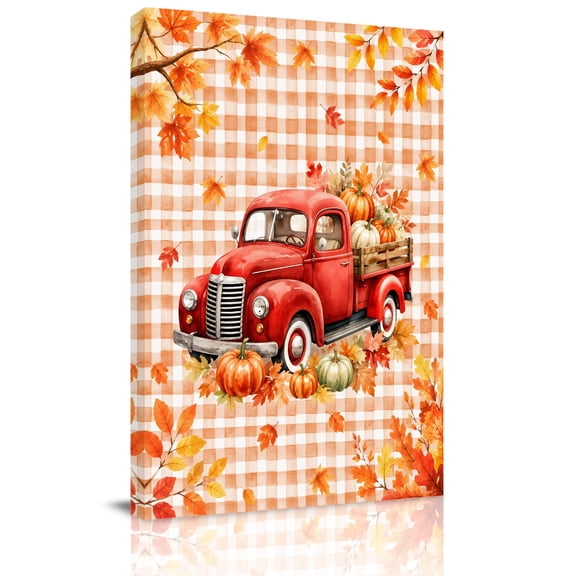 Canvas Wall Art, Red Truck Fall Framed Canvas Prints for Hallway Living Room, Thanksgiving Pumpkins Maple Leaves Checkered Extra Large Gallery Wrapped Wall Decor for Home Office, Gifts, 20"x30"