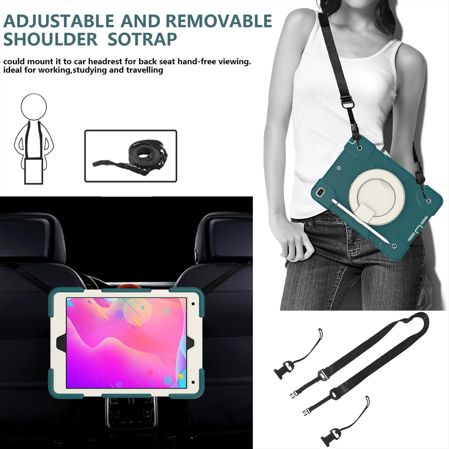 Allytech Case for iPad 9th/8th/7th Generation 10.2", Kids Case with 360° Rotating Folding Ring, Pencil Holder, Strap Drop-Proof Case for iPad 9/8/7 Gen 2021/2020/2019, Blackish Green