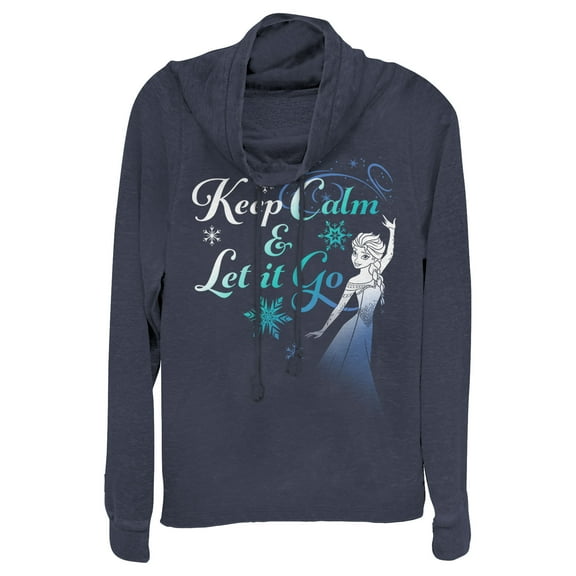 Junior's Frozen Elsa Keep Calm Cowl Neck Sweatshirt Navy Blue 2X Large