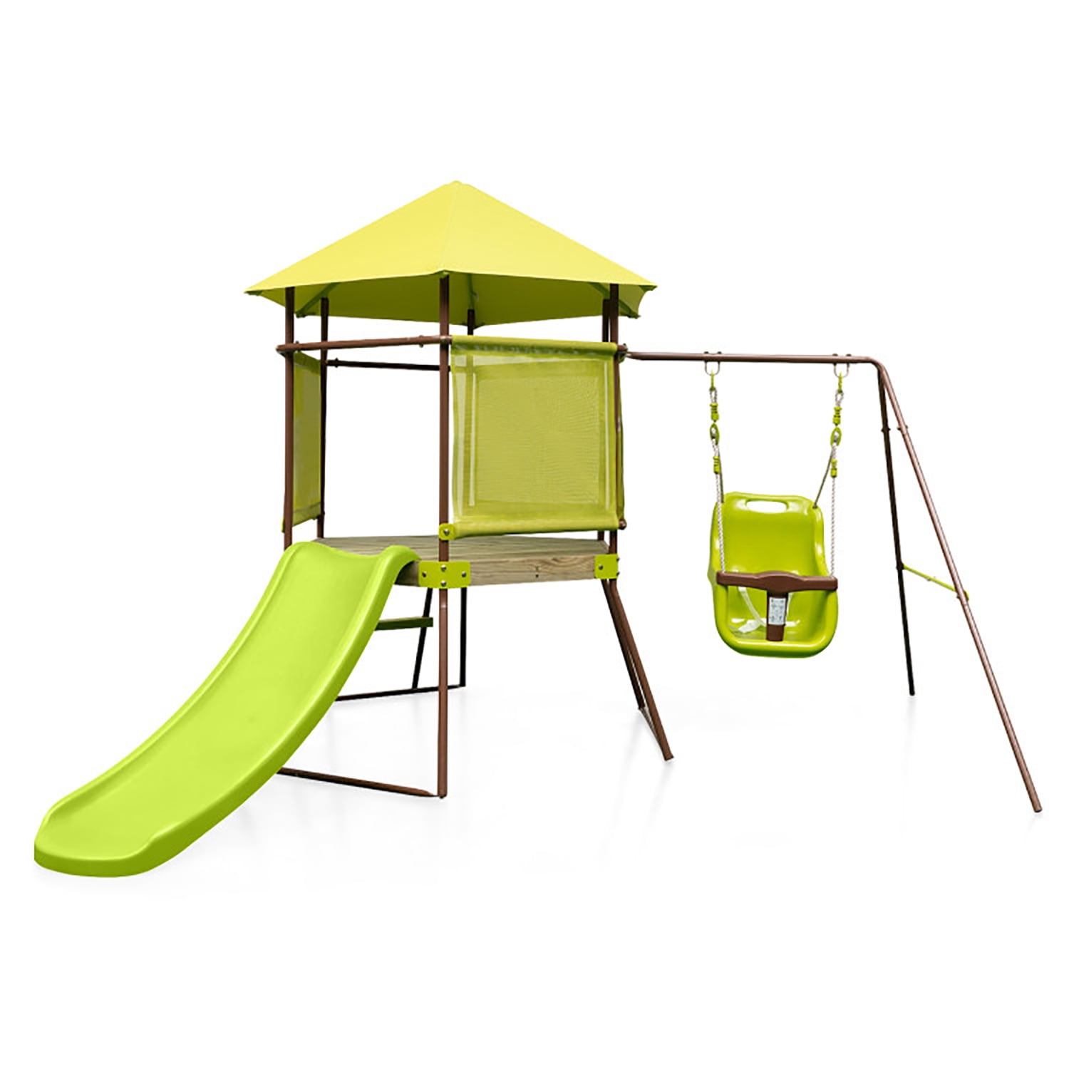 CIPACHO 4-in-1 Swing Set with Covered Playhouse Fort and Height Adjustable Baby Seat, Swingset Outdoor for Kids, Green