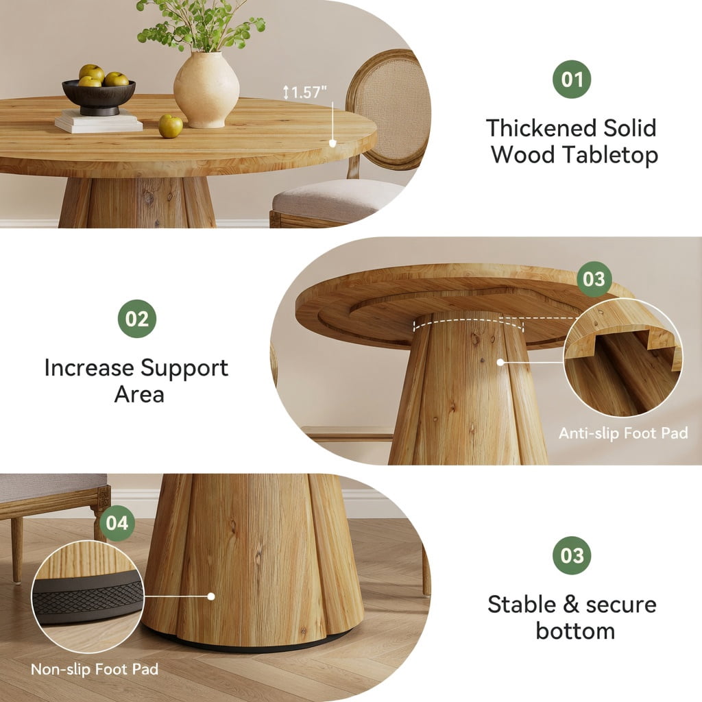 Hommoo 47.24" Solid Wood Round Dining Table, Farmhouse Pedestal Kitchen Table for 4 to 6 People, Natural