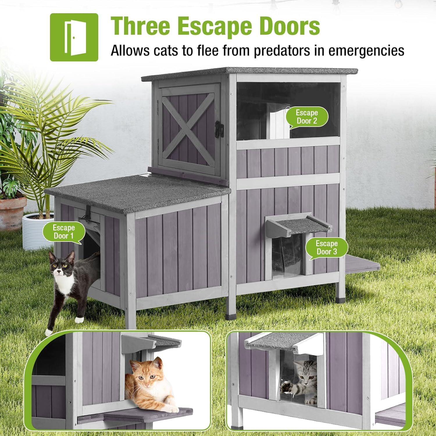 Aivituvin Outdoor Cat House for Winter, 2-Story Wooden Feral Cat Shelter with Waterproof Roof Escape Door and Elevated Base to Keep Multiple Cats Warm