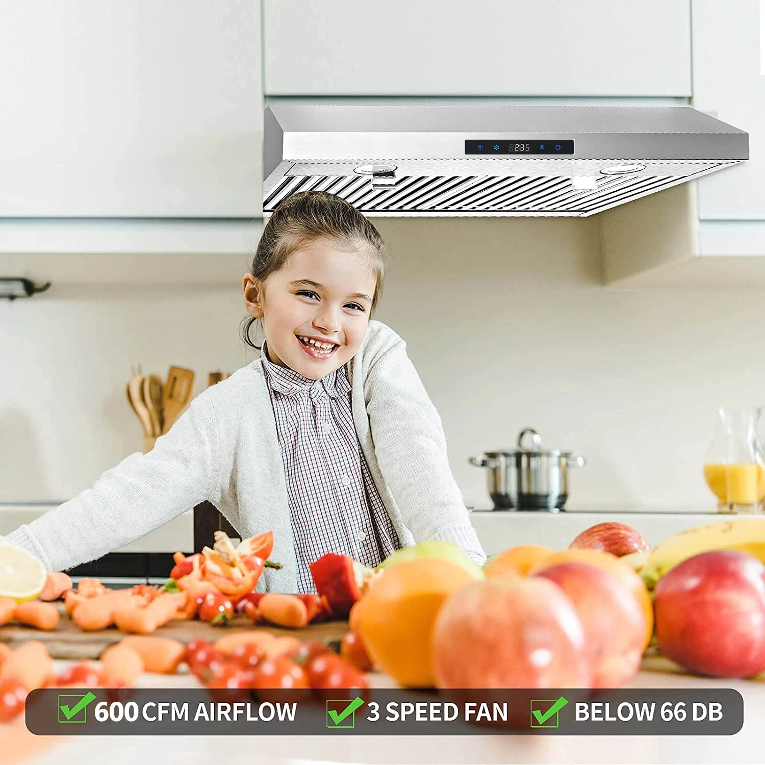 Under Cabinet Range Hood 30 inch Stainless Steel Kitchen Hood 600 CFM Stove Filter Touch Control LED Lights Ductless Range Hoods with Touch Control,3-Venting Kitchen hood,Stainless Steel Vent Hood,