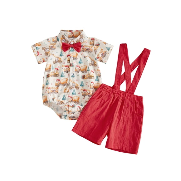 Conjunto navideño para bebé niño: pelele de manga corta, pantalones cortos con tirantes y pajarita.