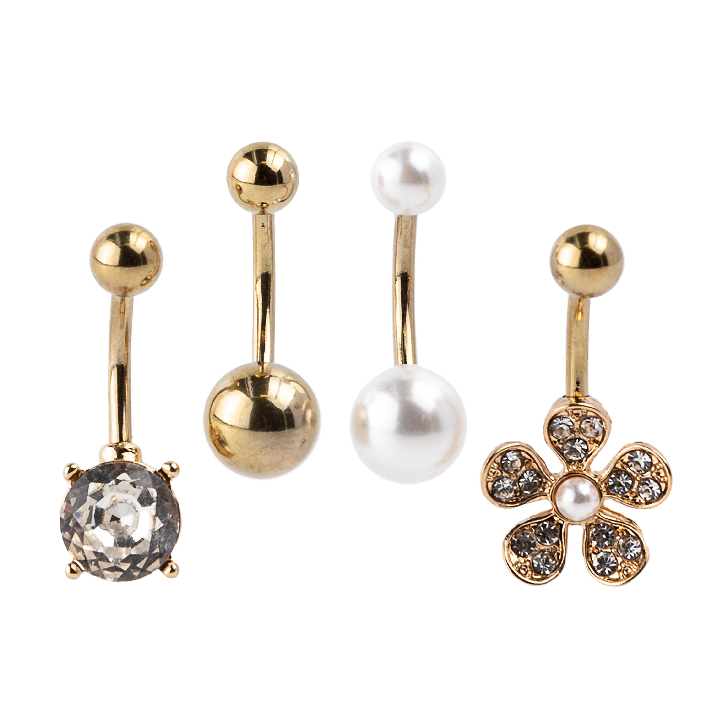 Claire's Women's Gold 14G Crystal Flower Belly Rings, Barbell Post, 4 Pack, 93615