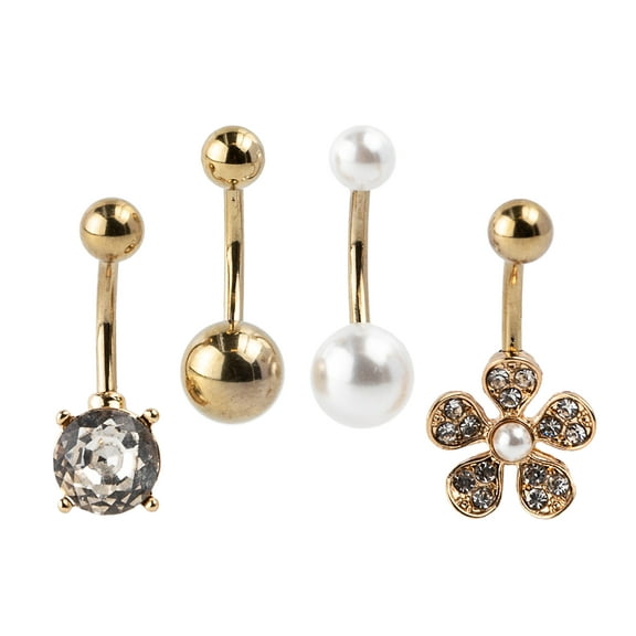 Claire's Teen and Adult Gold 14G Cubic Zirconia Gemstone Crystal Flower Belly Rings, Barbell Post, 4 Pack