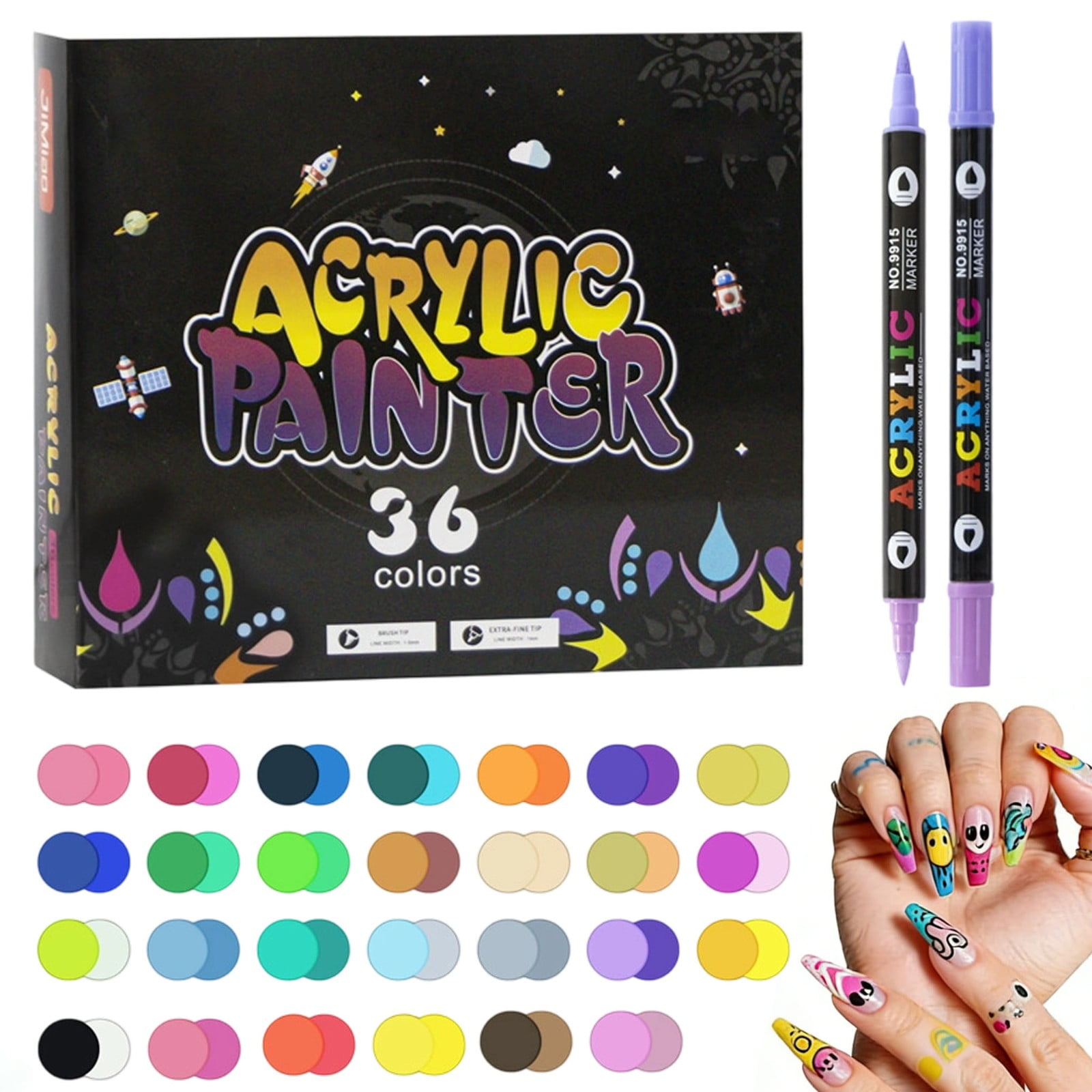 12/24/36 Colors Nail Art Markers Set, Nail Art Pens Point Nail Graffiti Dotting Pen Quick-Drying Waterproof Double Headed Acrylic Paint Pens Set for DIY Nails Art Design