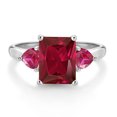 thumbnail image 2 of Gem Stone King 10K White Gold Red Created Ruby 3 Stone Engagement Ring for Women (3.34 Cttw, Emerald Cut 9X7MM, Gemstone July Birthstone, Size 8), 2 of 4