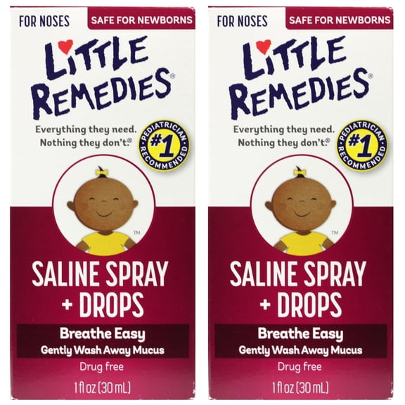 Little Remedies Saline Spray and Drops for Noses Drug Free Nasal Moisturizer Safe for Newborns 1 fl oz (Pack of 2)