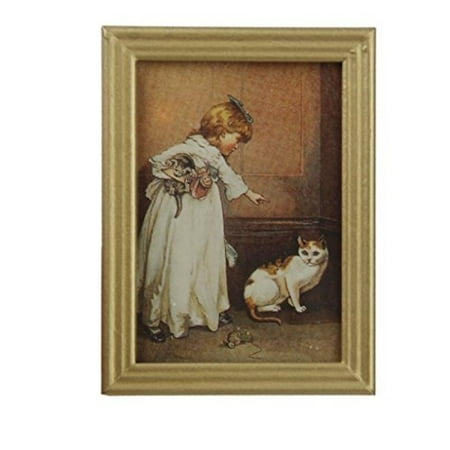 Miniature Painting - Dollhouse Miniature Frame Girl and Cat Mural Wall Painting 1:12 by Generic