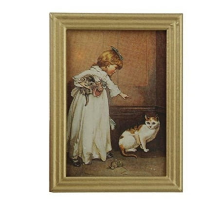 Dollhouse Miniature Frame Girl and Cat Mural Wall Painting 1:12 by