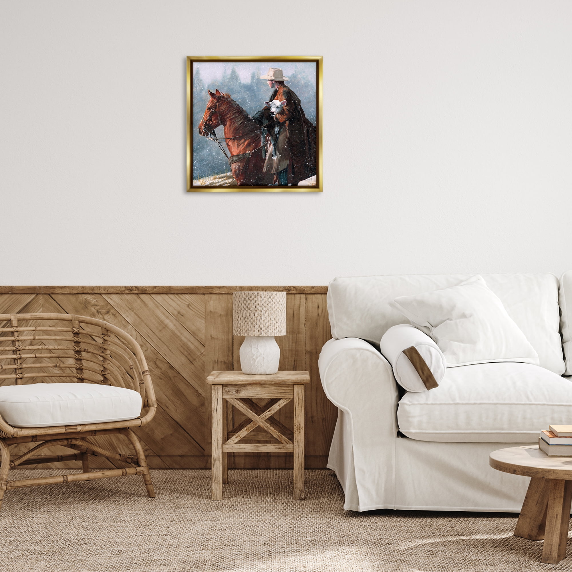 Stupell Industries Cowboy Snow Scene Animals & Insects Painting Gold Floater Framed Canvas Art Print Wall Art, 25 x 25