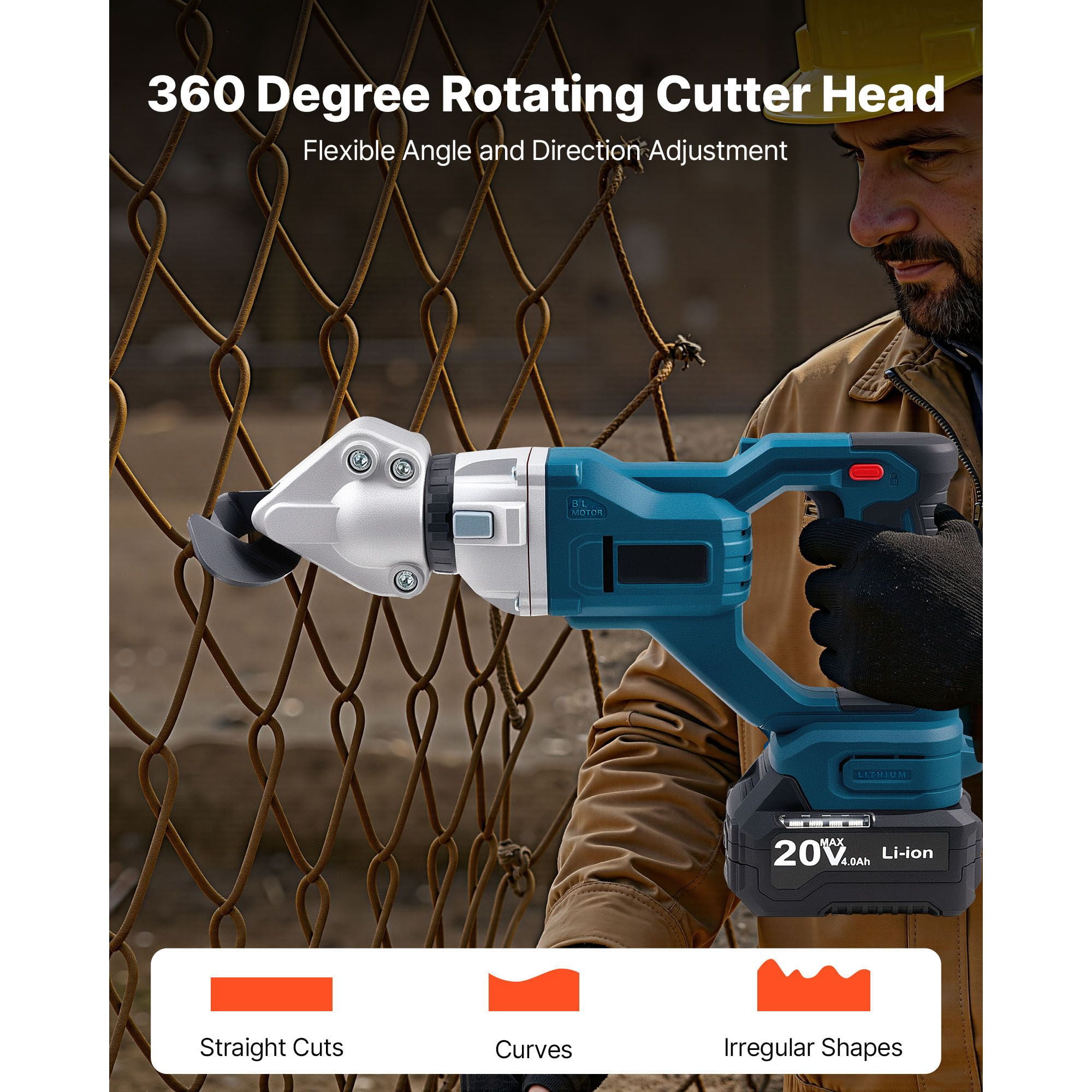 Cordless Metal Shear with 25,000 RPM, 400W Motor, 360° Rotating Head, Variable Speed, 4.0Ah Battery for Sheet Metal Cutting